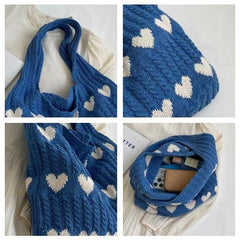 Heart - shaped Knitted Woven Shoulder Bag: Fashionable Large Capacity Love Apricot