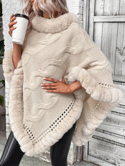 Hemp Pattern Fur Collar Cardigan Cape Sweater Apricot