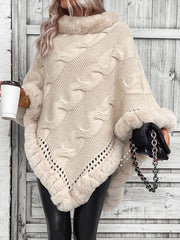 Hemp Pattern Fur Collar Cardigan Cape Sweater Apricot