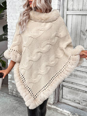 Hemp Pattern Fur Collar Cardigan Cape Sweater Apricot