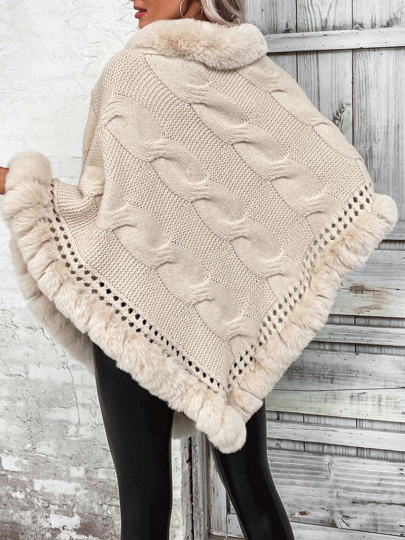 Hemp Pattern Fur Collar Cardigan Cape Sweater Apricot