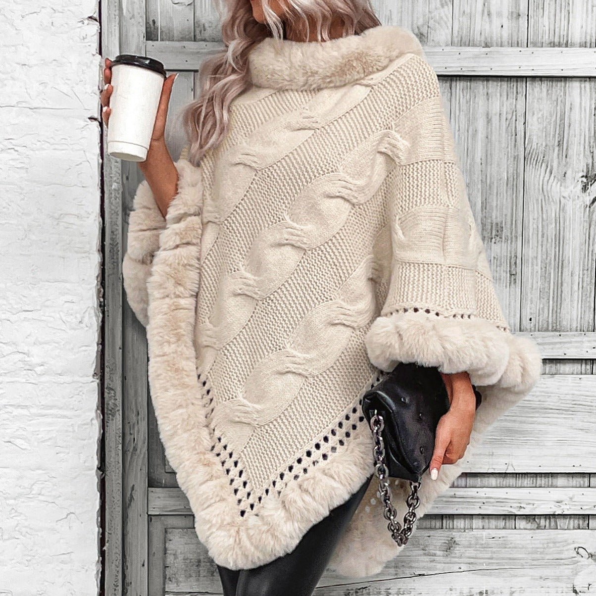 Hemp Pattern Fur Collar Cardigan Cape Sweater Apricot