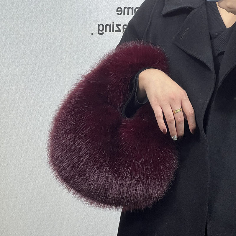 High - Grade Portable Fur Clutch Bag for Fall & Winter Wine Red