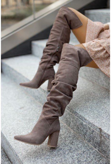 High Heel Pointed Toe Suede Women's Over - the - knee Boots Beige