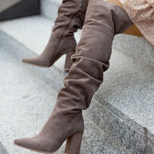 High Heel Pointed Toe Suede Women's Over - the - knee Boots Beige