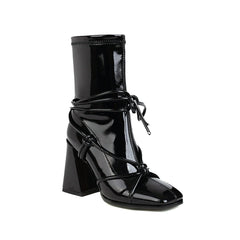 High Heel Square Head Women's Ankle Boots Black