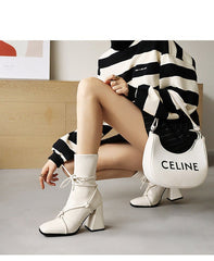 High Heel Square Head Women's Ankle Boots Apricot