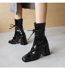 High Heel Square Head Women's Ankle Boots Black