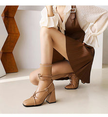 High Heel Square Head Women's Ankle Boots Black