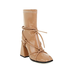 High Heel Square Head Women's Ankle Boots Apricot