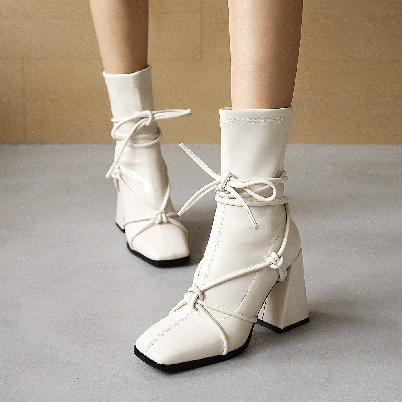 High Heel Square Head Women's Ankle Boots Apricot