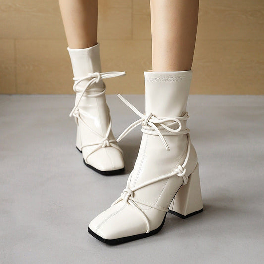 High Heel Square Head Women's Ankle Boots Apricot