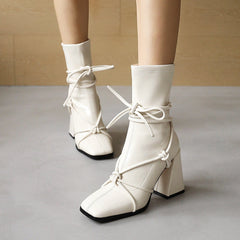 High Heel Square Head Women's Ankle Boots Apricot