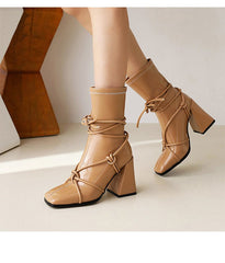 High Heel Square Head Women's Ankle Boots Apricot
