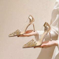 High Pointed Toe Rhinestone Champagne Wedding modern wedding pumps Champagne 6cm