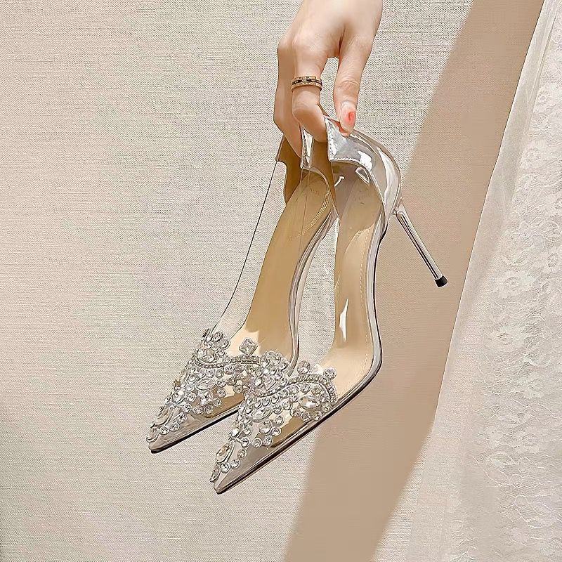 High Pointed Toe Rhinestone Champagne Wedding modern wedding pumps Silver 8cm