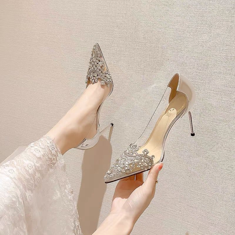 High Pointed Toe Rhinestone Champagne Wedding modern wedding pumps Silver 6cm