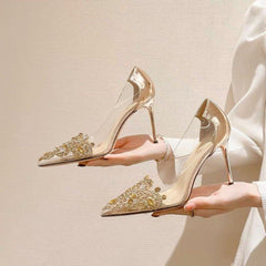 High Pointed Toe Rhinestone Champagne Wedding modern wedding pumps Champagne 8cm