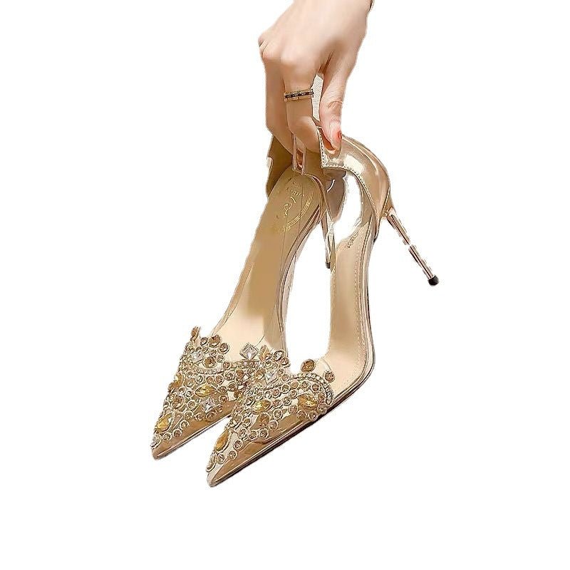 High Pointed Toe Rhinestone Champagne Wedding modern wedding pumps Silver 6cm