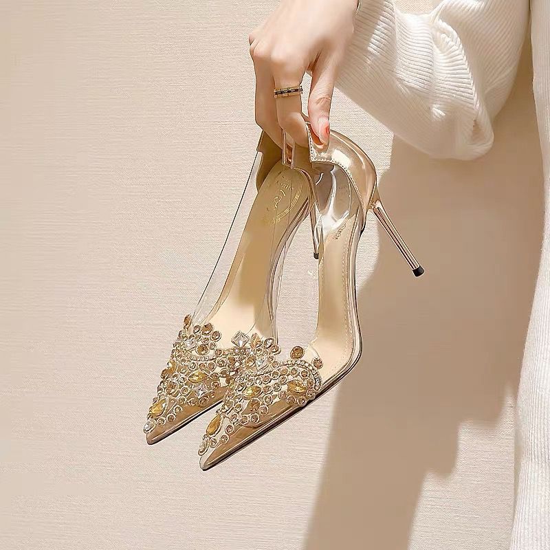 High Pointed Toe Rhinestone Champagne Wedding modern wedding pumps Champagne 8cm