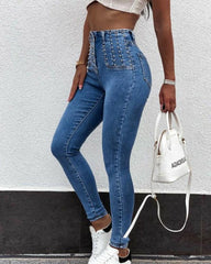 High Waist Breasted Button Skinny Denim Trousers Blue