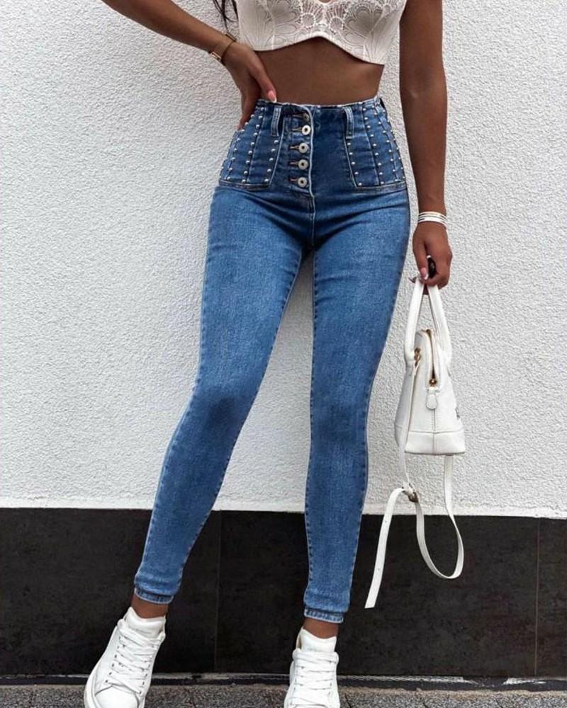 High Waist Breasted Button Skinny Denim Trousers Blue