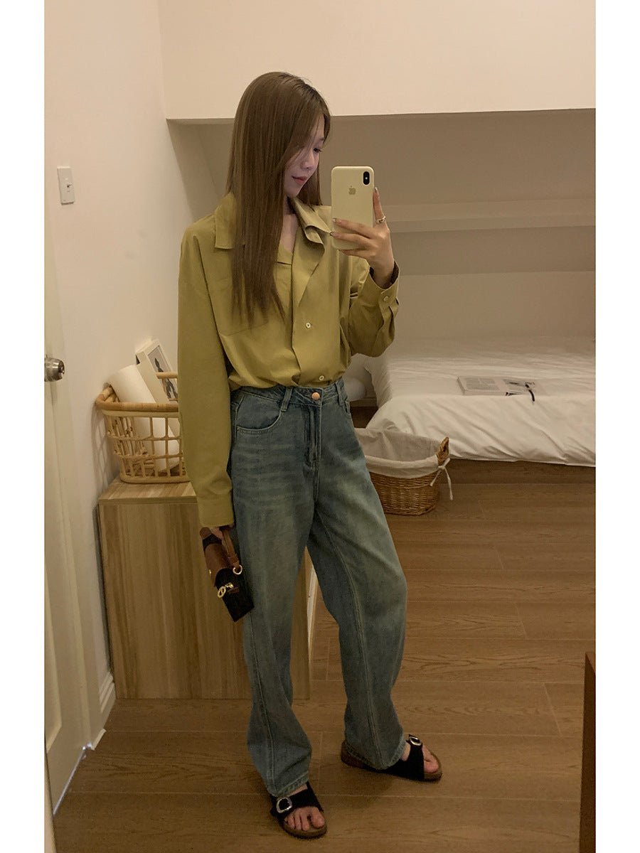 High Waist Slimming Blue Straight Mopping Pants Women Blue