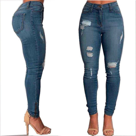 High Waisted Ripped Comfortable Ankle Banded Jeans Blue