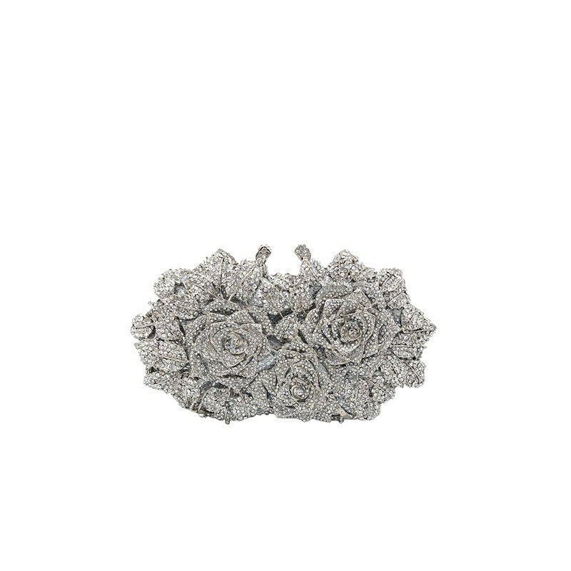 Hollow Flower Bag Portable Diamond Rhinestone Clutch Silver