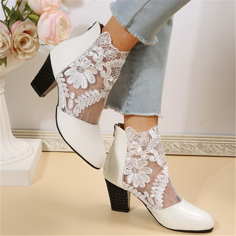 Hollow Mesh Women's Sandals Lace High Heel Summery Style with Lift White