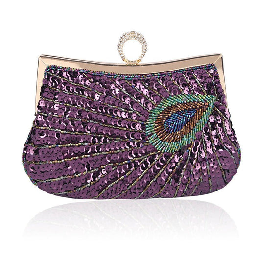 Hot Sale Dinner Bag Peacock Handmade Beaded Ring Purple