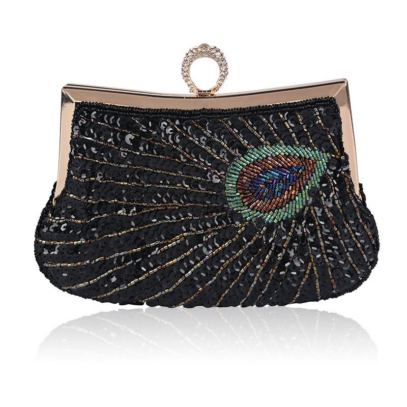 Hot Sale Dinner Bag Peacock Handmade Beaded Ring Black