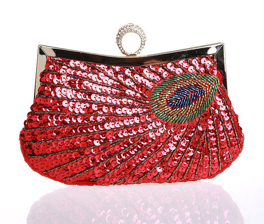Hot Sale Dinner Bag Peacock Handmade Beaded Ring Scarlet