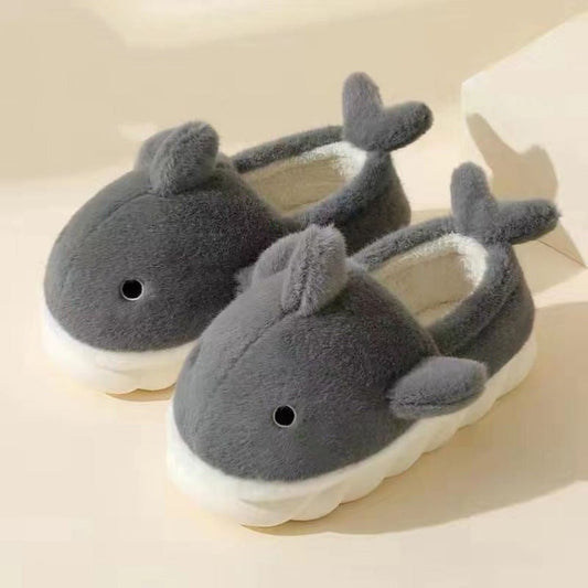 Household Warmth And Anti Slip Thick Soled Couple Slippers Grey Shark with Heel