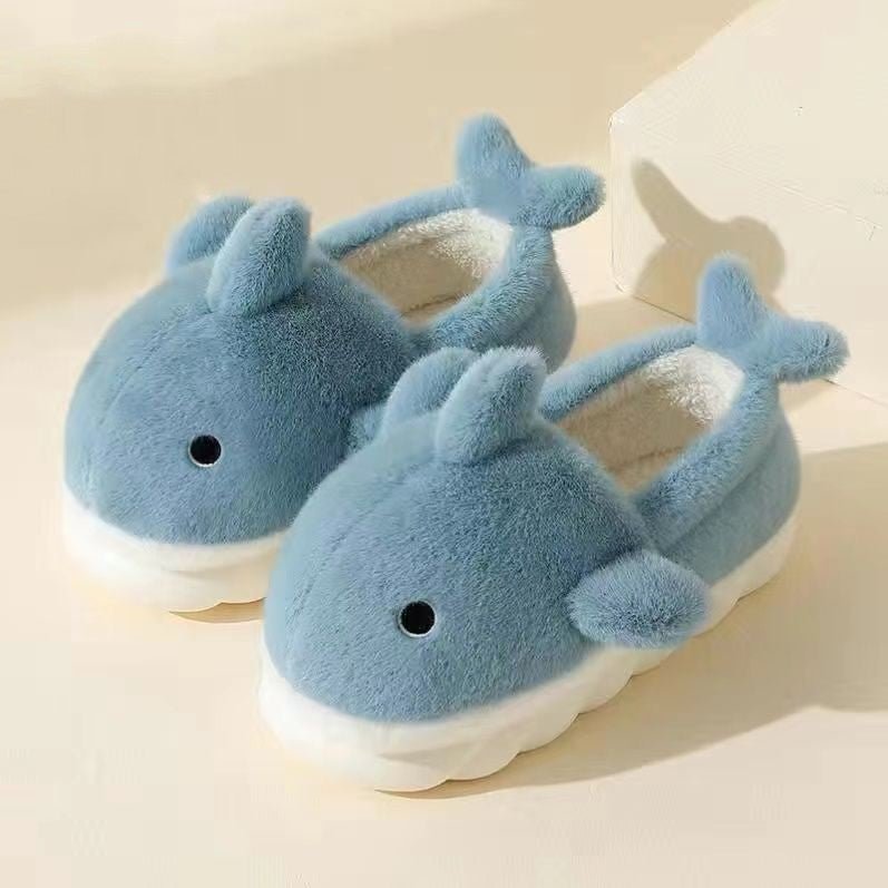 Household Warmth And Anti Slip Thick Soled Couple Slippers Blue Shark with Heel