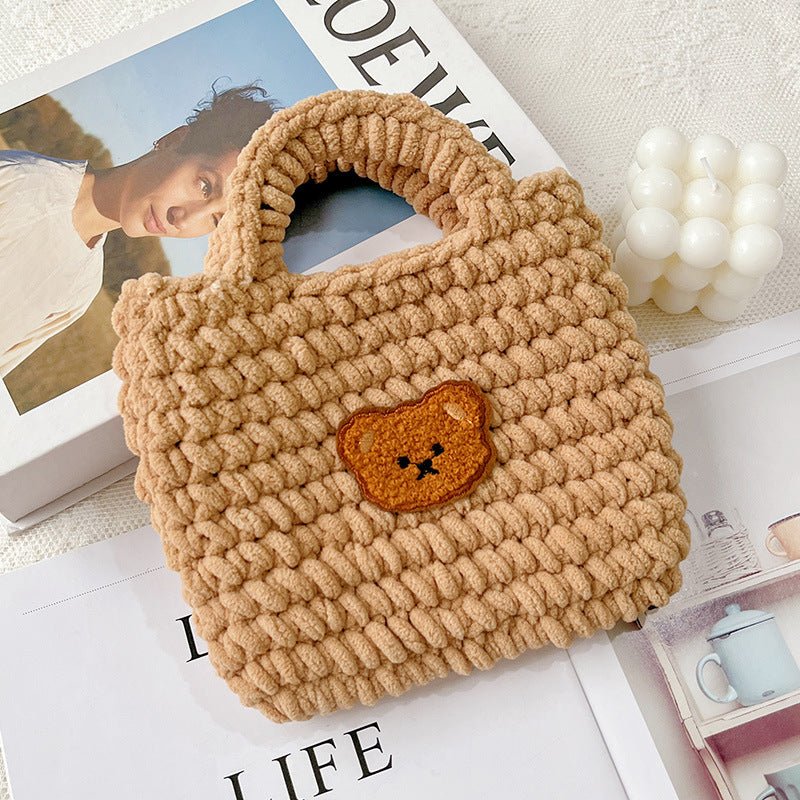 Ice Strip Thread Bear Hand - woven Handbag Black