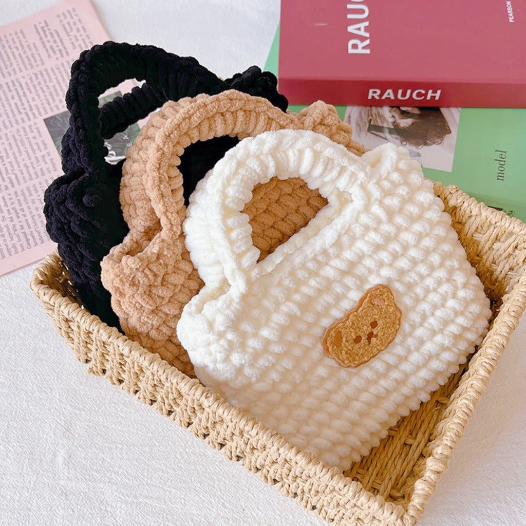 Ice Strip Thread Bear Hand - woven Handbag Black