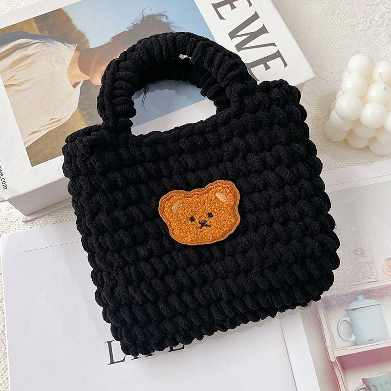 Ice Strip Thread Bear Hand - woven Handbag Black