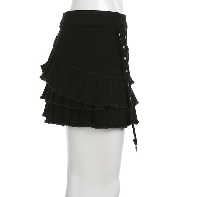 Irregular Pleated Denim Skirt with Chic Metal Buckle Accent Black