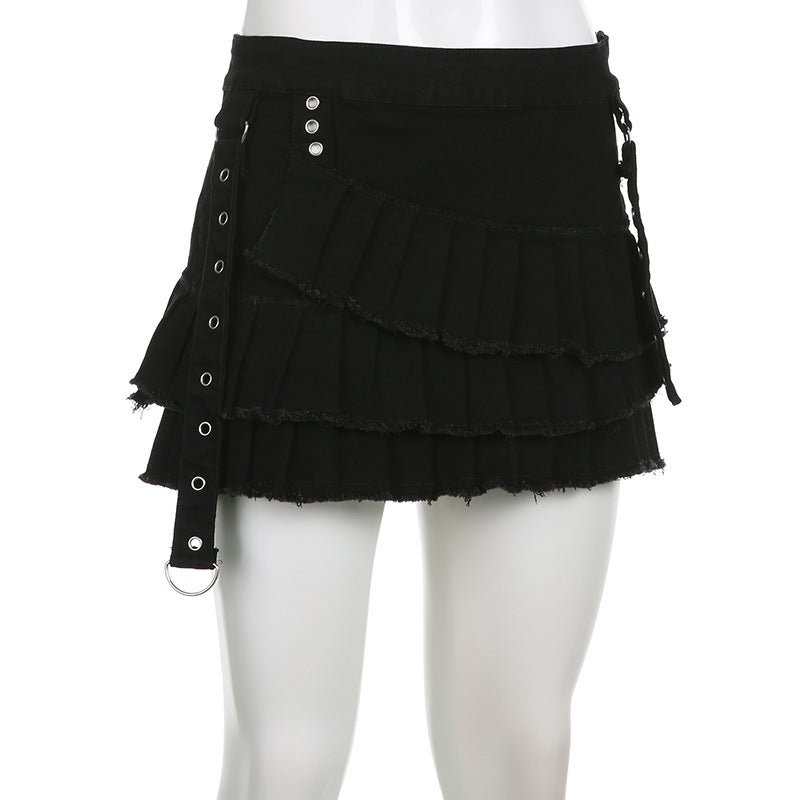 Irregular Pleated Denim Skirt with Chic Metal Buckle Accent Black