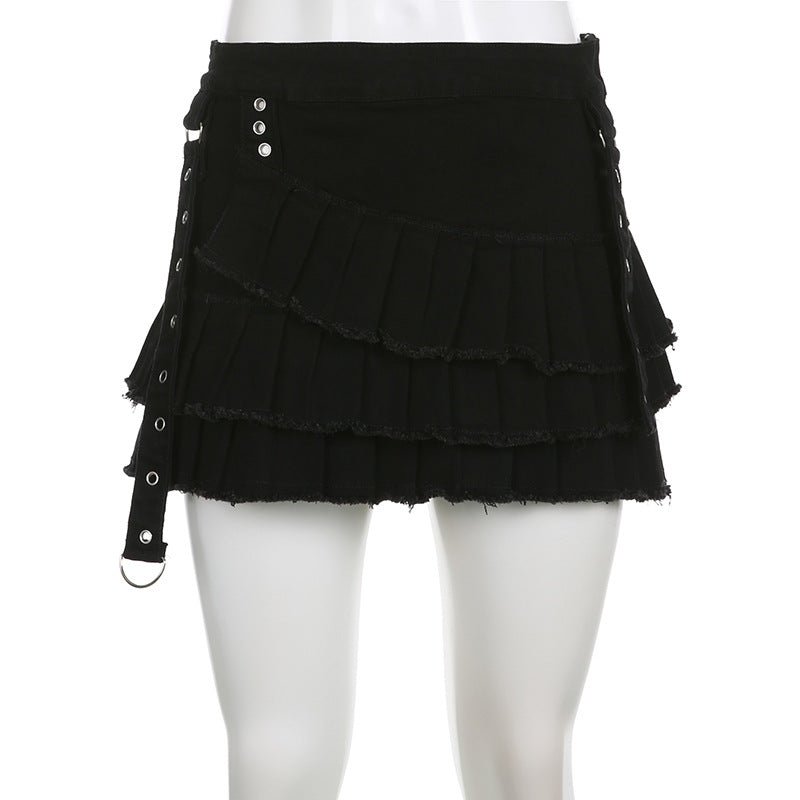 Irregular Pleated Denim Skirt with Chic Metal Buckle Accent Black