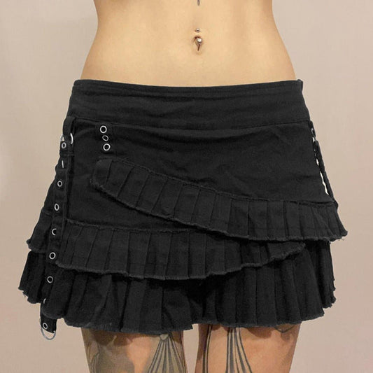 Irregular Pleated Denim Skirt with Chic Metal Buckle Accent Black