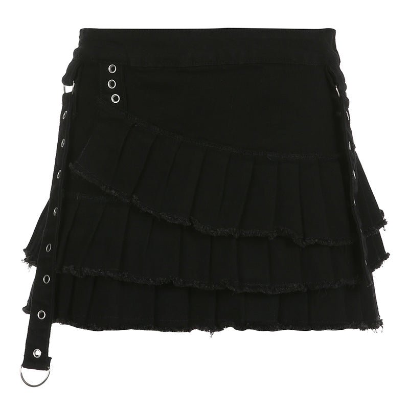 Irregular Pleated Denim Skirt with Chic Metal Buckle Accent Black