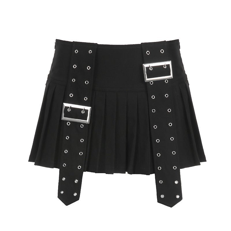 Japanese Pleated Buckle A - Line Mini Skirt in Classic Black Black