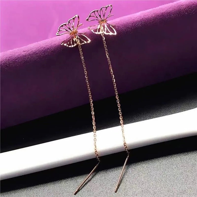 Korean Fashion Butterfly Earline Long Tassel Earrings Rose Gold