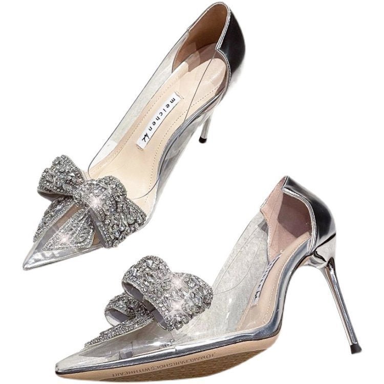 Korean Version Single Shoe Thin Heel Pointed Diamond Bow Champagne