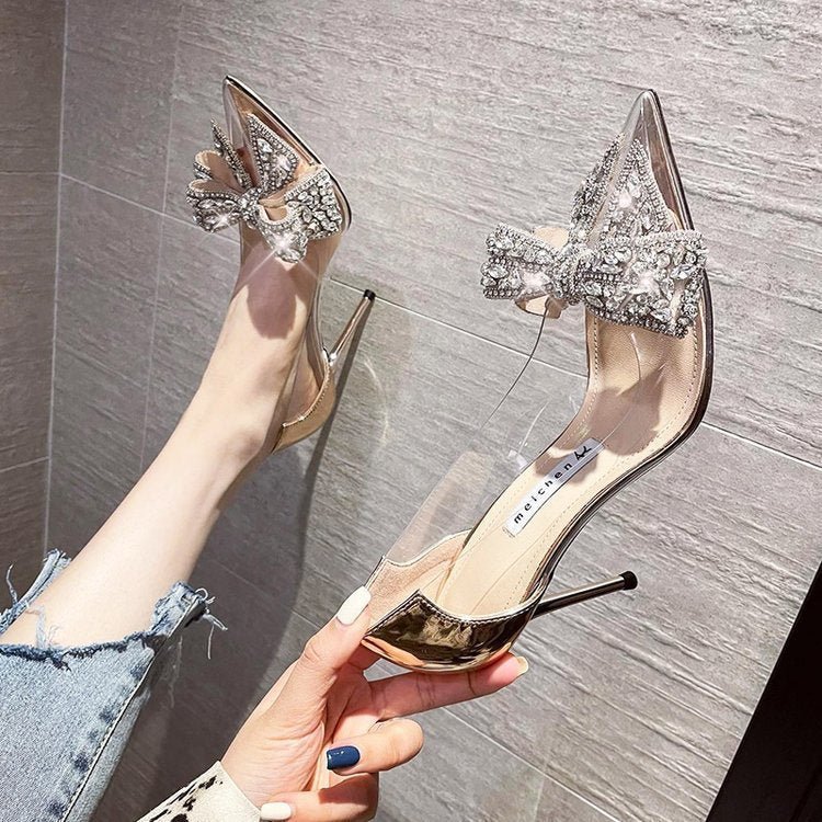 Korean Version Single Shoe Thin Heel Pointed Diamond Bow Champagne