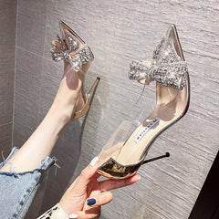 Korean Version Single Shoe Thin Heel Pointed Diamond Bow Champagne