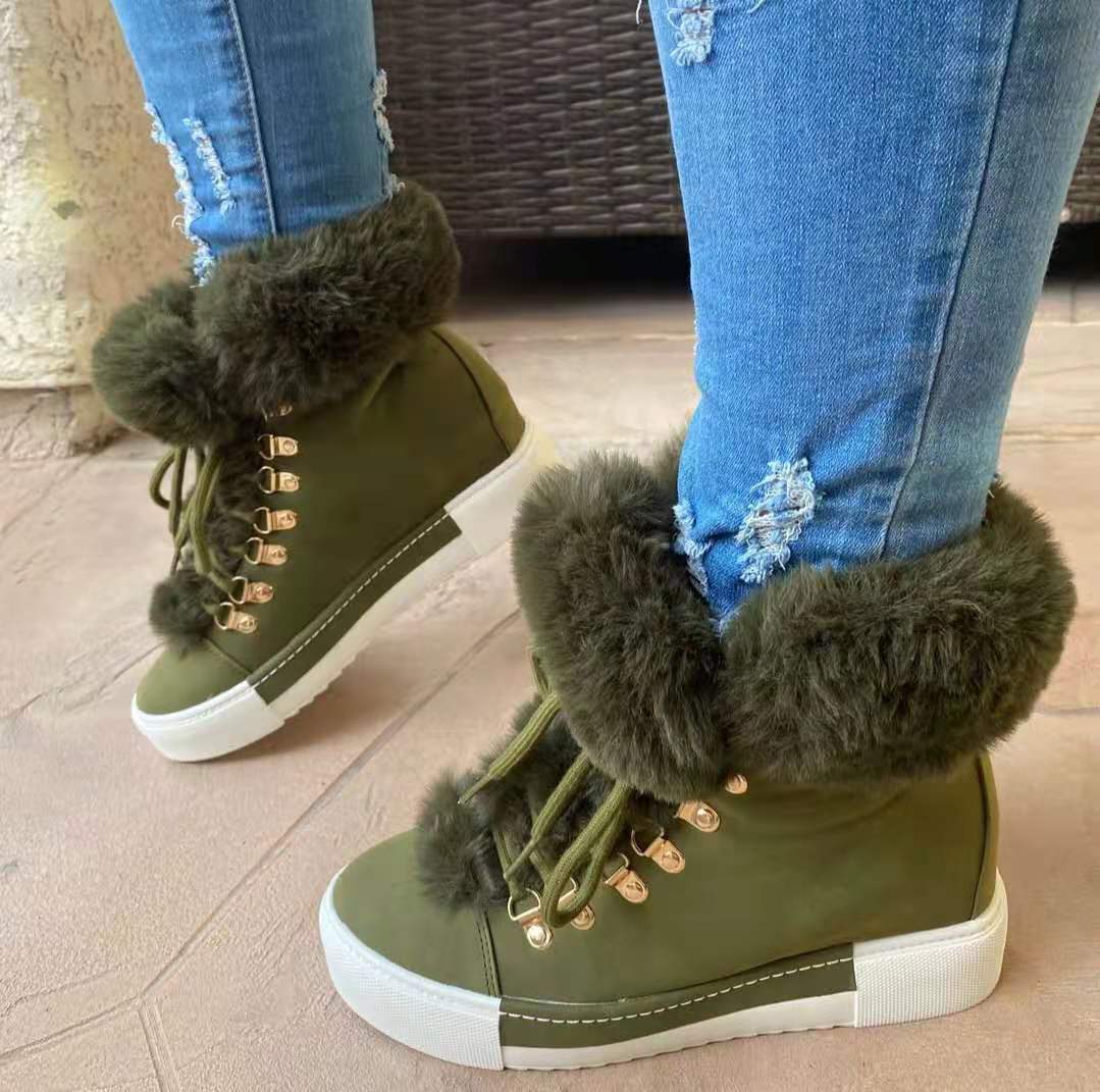 Lace - up Boots Cute Lined Furry Ankle Boots Outdoor Walking Flat Shoes Green