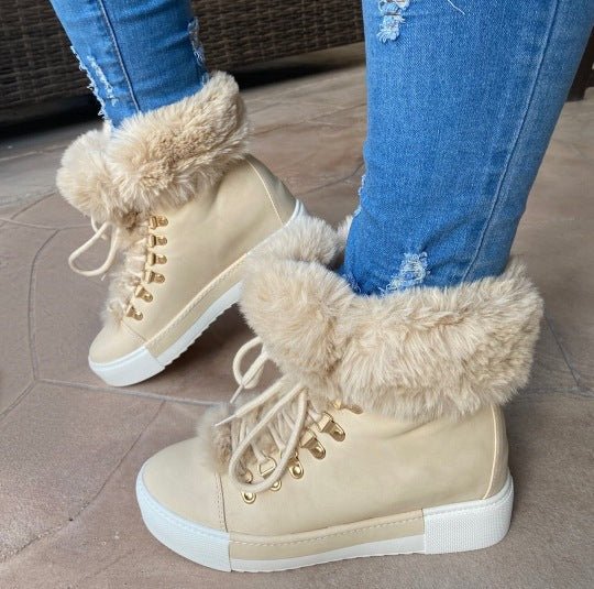 Lace - up Boots Cute Lined Furry Ankle Boots Outdoor Walking Flat Shoes Beige